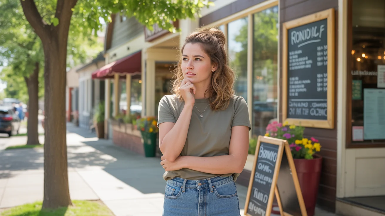 Young woman looking thoughtfully at cafe menu board in Broomfield, Colorado