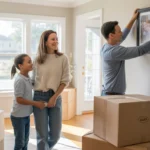 Family unpacking in their new Katy home, hanging a photo on the wall and smiling.