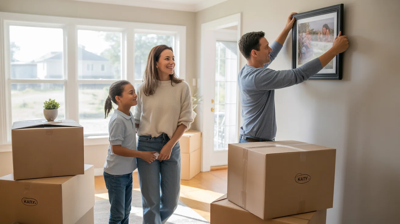 Family unpacking in their new Katy home, hanging a photo on the wall and smiling.