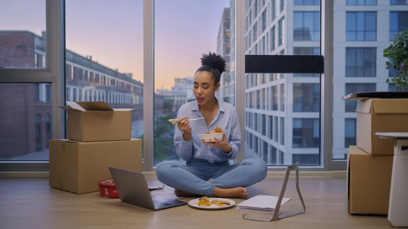 Young woman eating takeout on floor while working on laptop in her new Irving apartment.