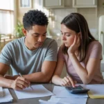 Couple working on monthly budget at kitchen table in Stonecrest apartment