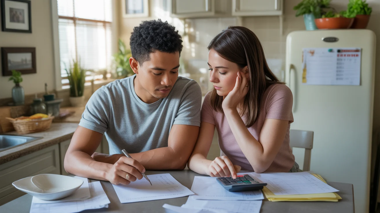 Couple working on monthly budget at kitchen table in Stonecrest apartment