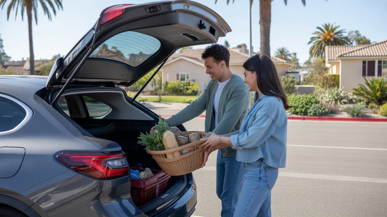 Couple loading groceries into car trunk in Tustin supermarket parking lot