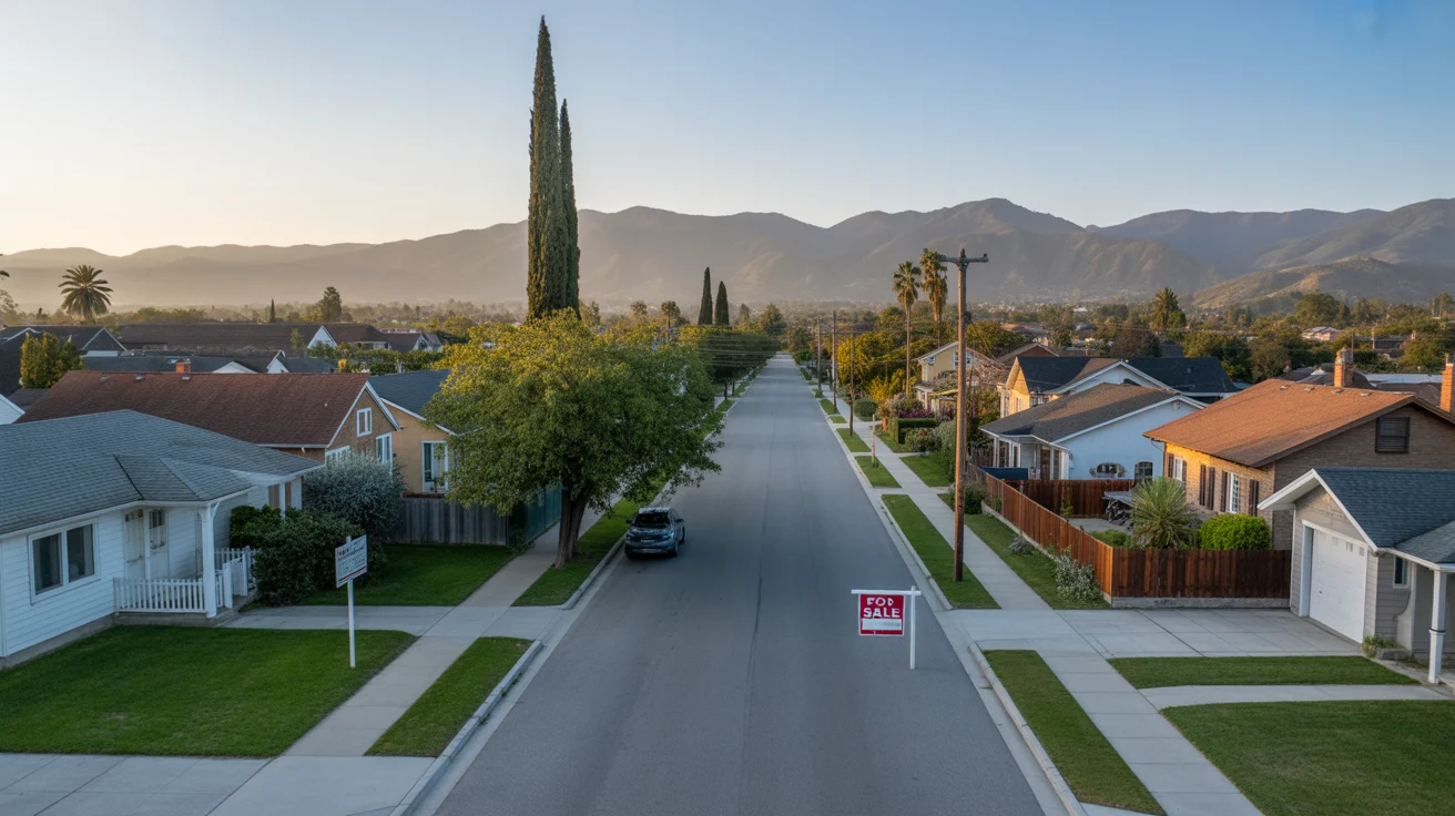 Aerial view of residential street in Ontario with mountains and For Sale sign