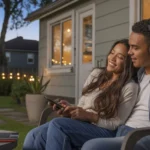 Couple relaxing on back porch while streaming music in Lakeland, FL neighborhood at dusk