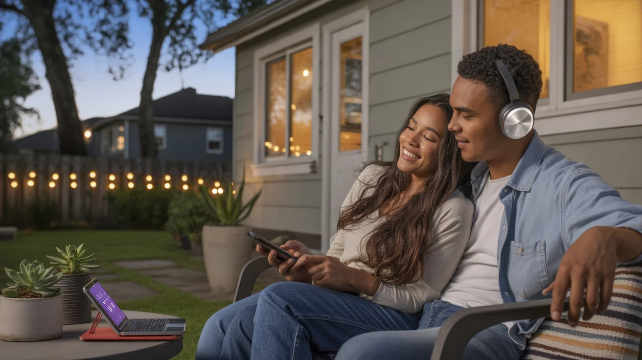 Couple relaxing on back porch while streaming music in Lakeland, FL neighborhood at dusk