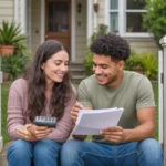 Couple reviewing finances while sitting outside their Orange, CA home