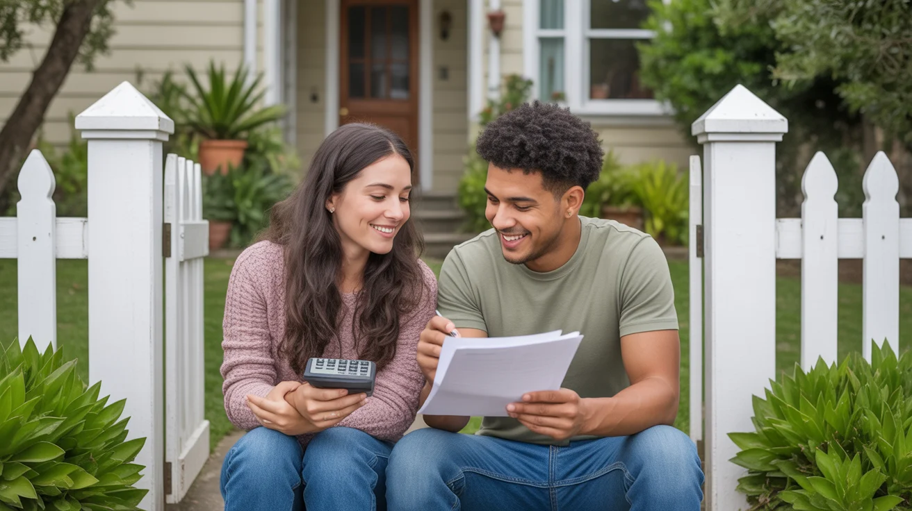 Couple reviewing finances while sitting outside their Orange, CA home