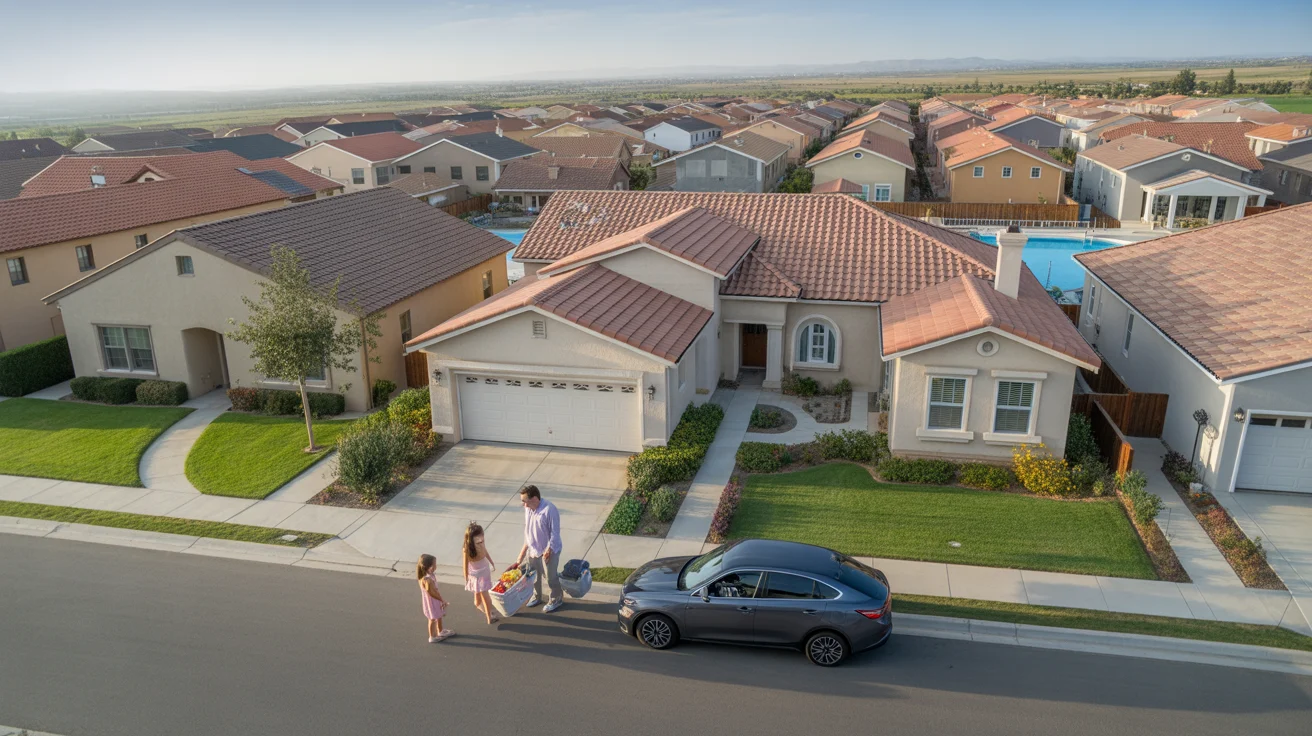 Aerial view of a family outside their spacious home in a Murrieta planned community