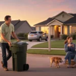 A man takes out the trash at dusk in front of his Frisco, Texas home while his wife waves to a neighbor.