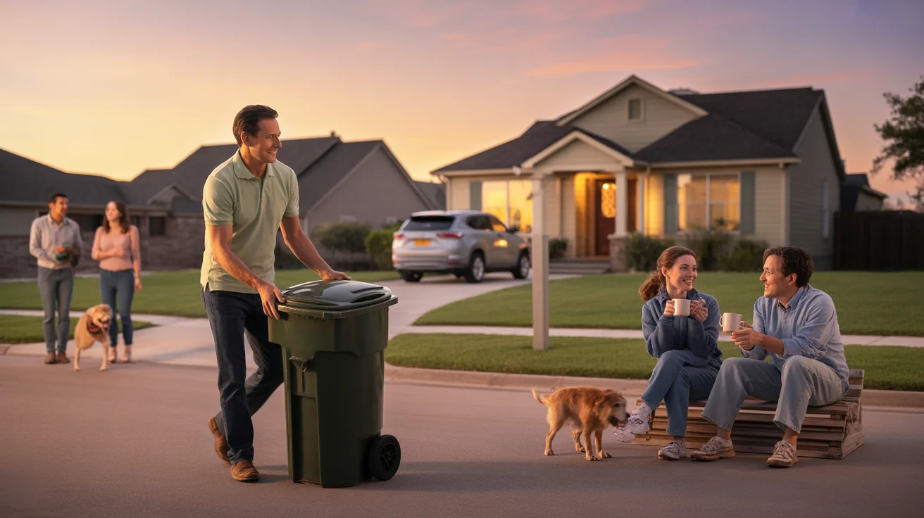 A man takes out the trash at dusk in front of his Frisco, Texas home while his wife waves to a neighbor.