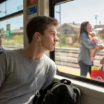 Teenage boy riding light rail train in Highlands Ranch, Colorado