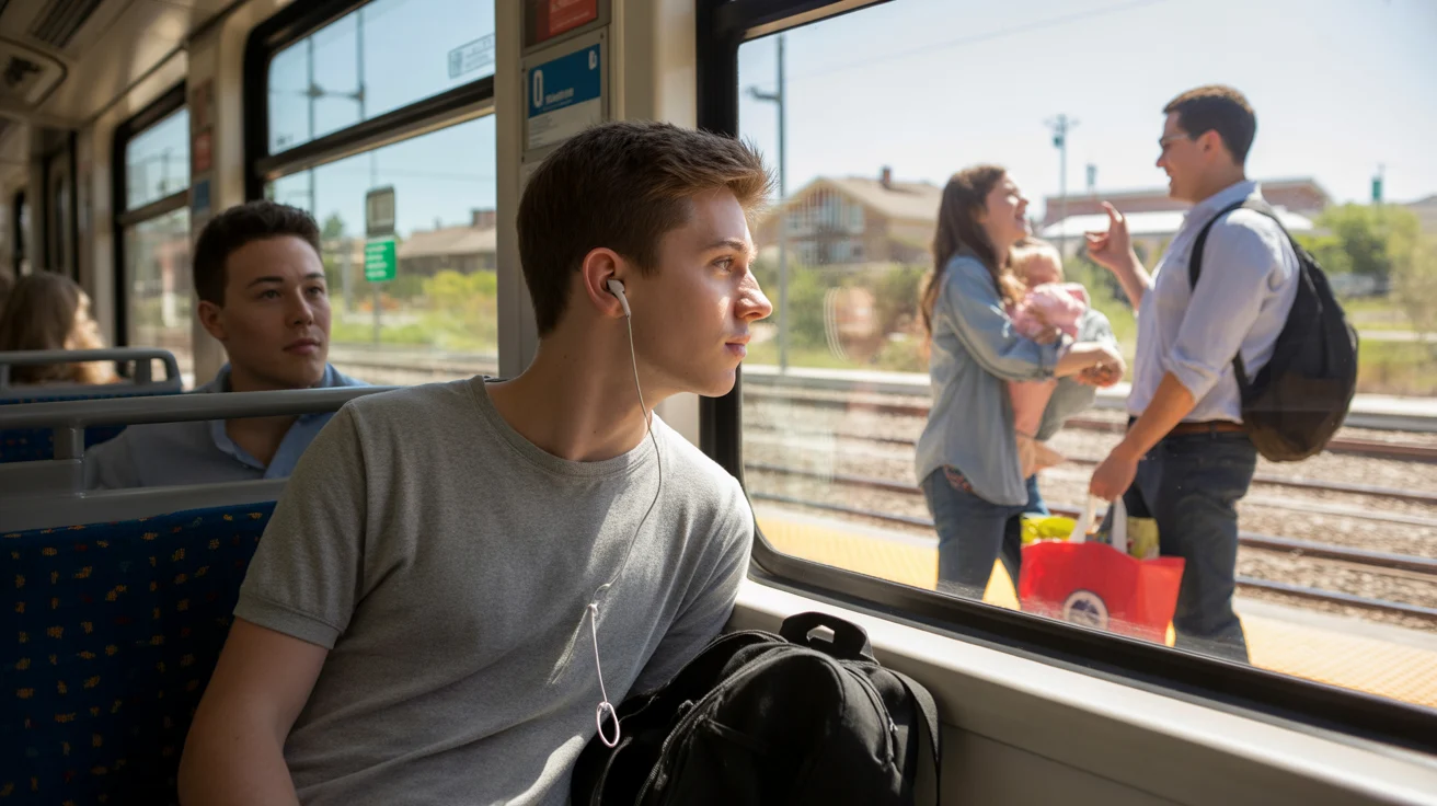 Teenage boy riding light rail train in Highlands Ranch, Colorado
