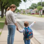 Mother and son waiting for the bus in Pasadena, Texas