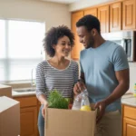 Couple unpacking groceries in new Grand Prairie, TX apartment kitchen