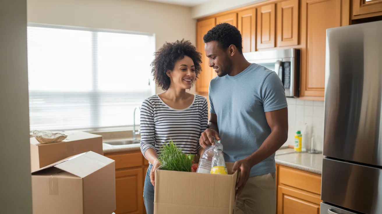 Couple unpacking groceries in new Grand Prairie, TX apartment kitchen