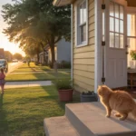 Tabby cat lounging on front porch of suburban home in Georgetown, Texas neighborhood at sunset