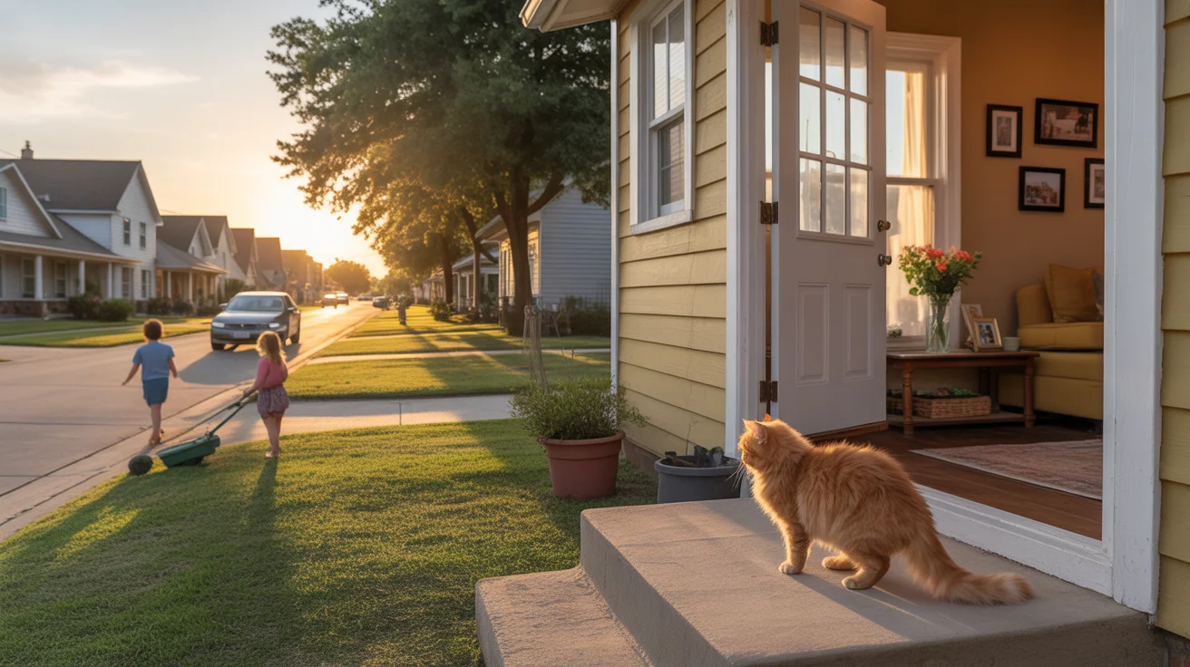 Tabby cat lounging on front porch of suburban home in Georgetown, Texas neighborhood at sunset