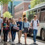 College students exiting a MARTA bus at a community college campus stop in Alpharetta, GA