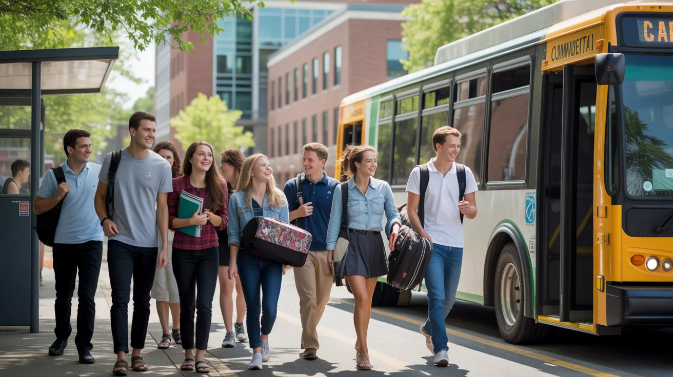 College students exiting a MARTA bus at a community college campus stop in Alpharetta, GA