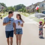 A couple walks past identical suburban homes in Pflugerville, TX on a sunny morning.
