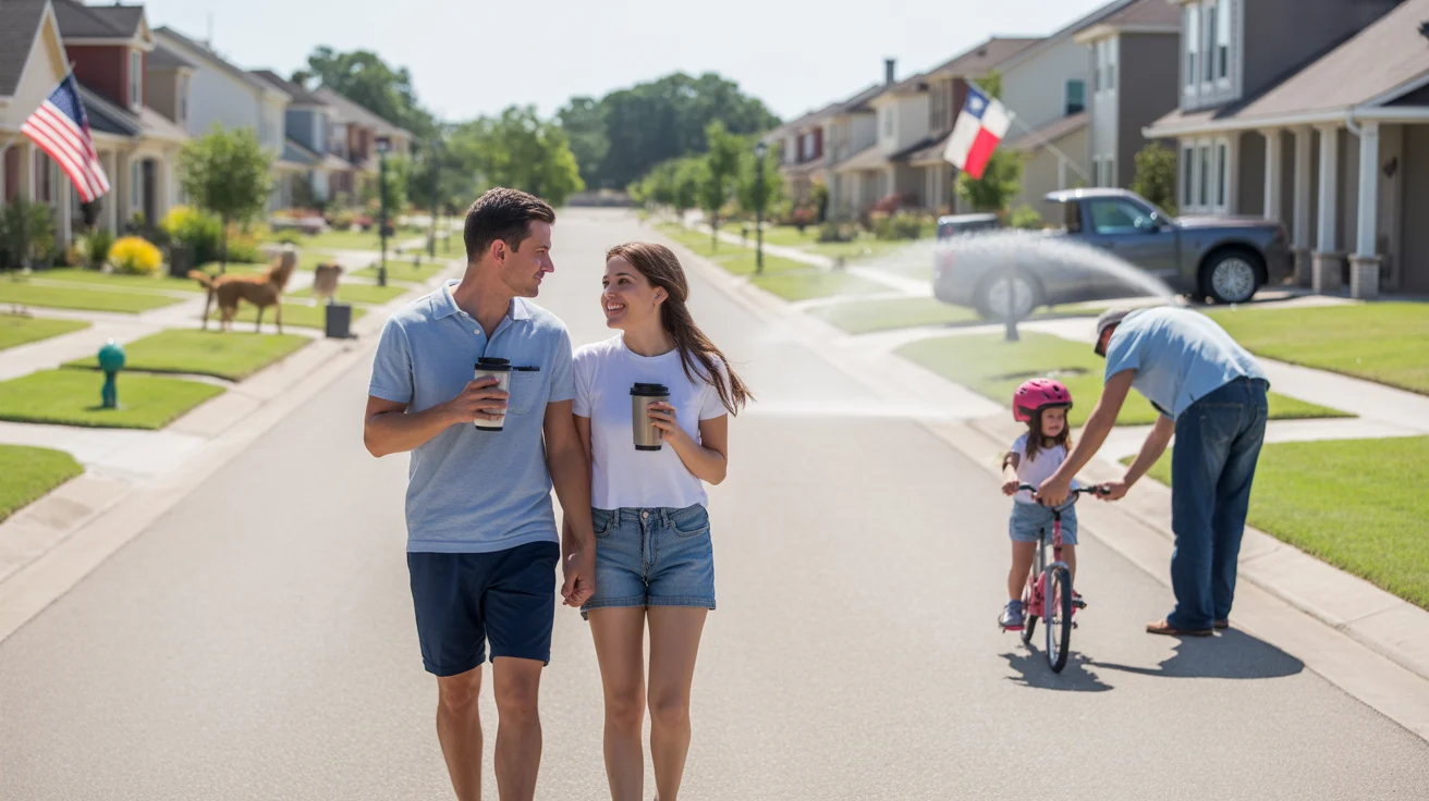 A couple walks past identical suburban homes in Pflugerville, TX on a sunny morning.