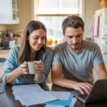 Couple reviewing monthly budget and expenses at kitchen table in Henderson apartment