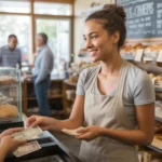 Woman paying in cash at local bakery in Spring Valley, Nevada