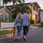 Couple considers renting house or apartment while walking dog down Orlando street at sunset
