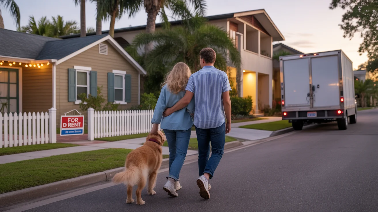 Couple considers renting house or apartment while walking dog down Orlando street at sunset