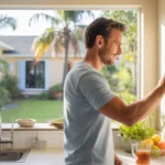 Man using smart thermostat in sunny kitchen to manage energy costs in Winter Garden, FL home