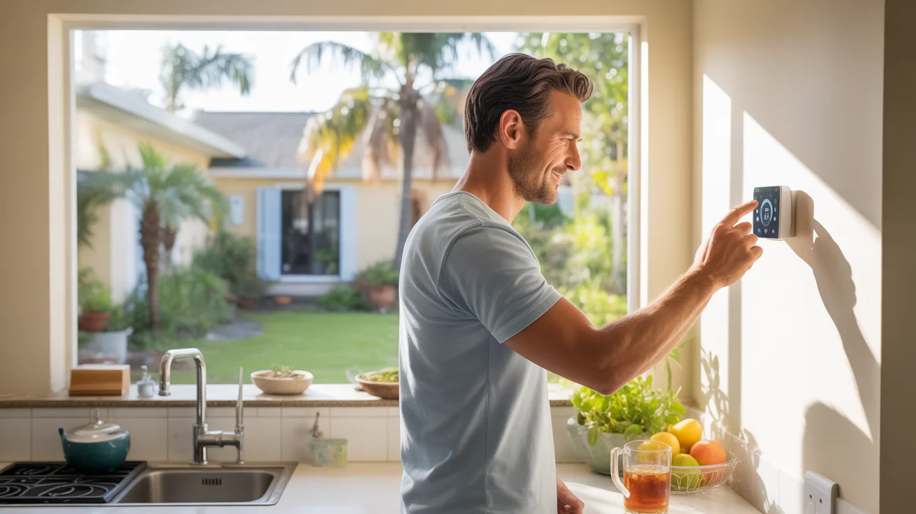 Man using smart thermostat in sunny kitchen to manage energy costs in Winter Garden, FL home