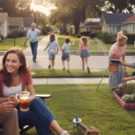 Neighbors relaxing on front lawns and porches in a friendly Lakeland suburb at sunset