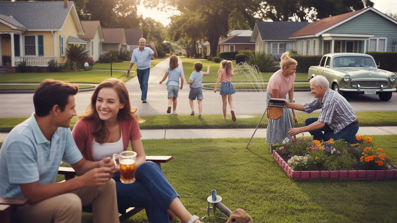 Neighbors relaxing on front lawns and porches in a friendly Lakeland suburb at sunset