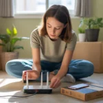 Woman setting up Wi-Fi router in new Henderson apartment, surrounded by moving boxes
