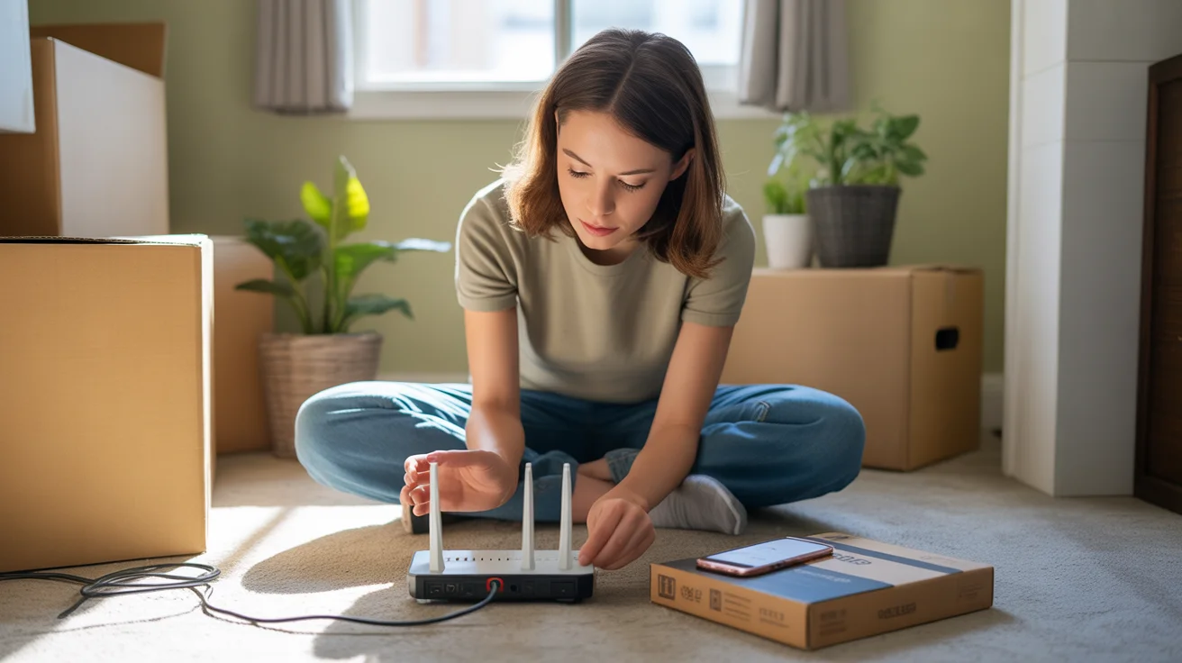 Woman setting up Wi-Fi router in new Henderson apartment, surrounded by moving boxes