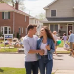 A young family browsing a garage sale in a Georgetown neighborhood with condos and single-family homes