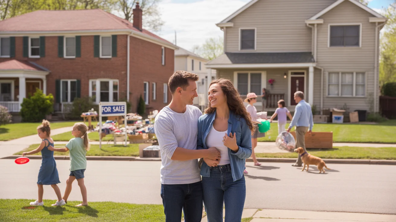 A young family browsing a garage sale in a Georgetown neighborhood with condos and single-family homes