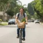 Man biking with groceries on a suburban street in Chino Hills, CA