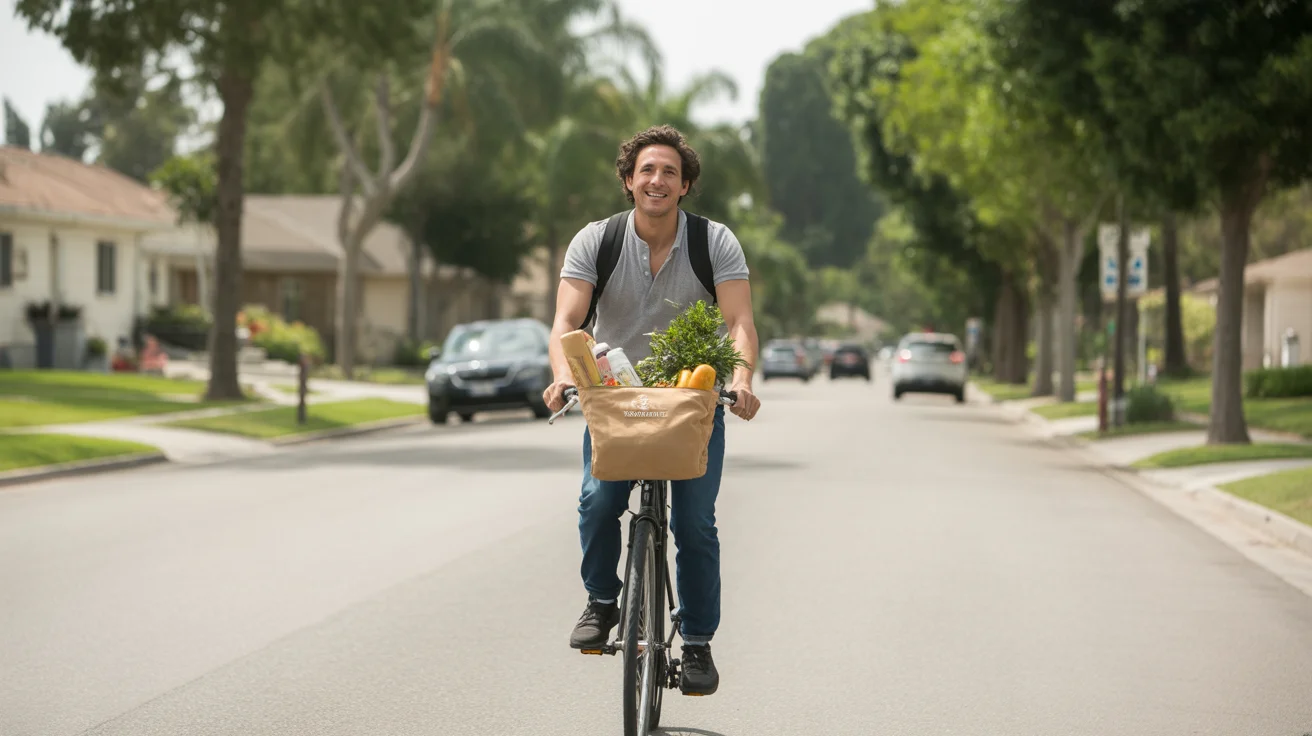 Man biking with groceries on a suburban street in Chino Hills, CA