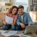 Young couple reviewing apartment listings and paperwork while sitting together on couch in their new Paradise NV home