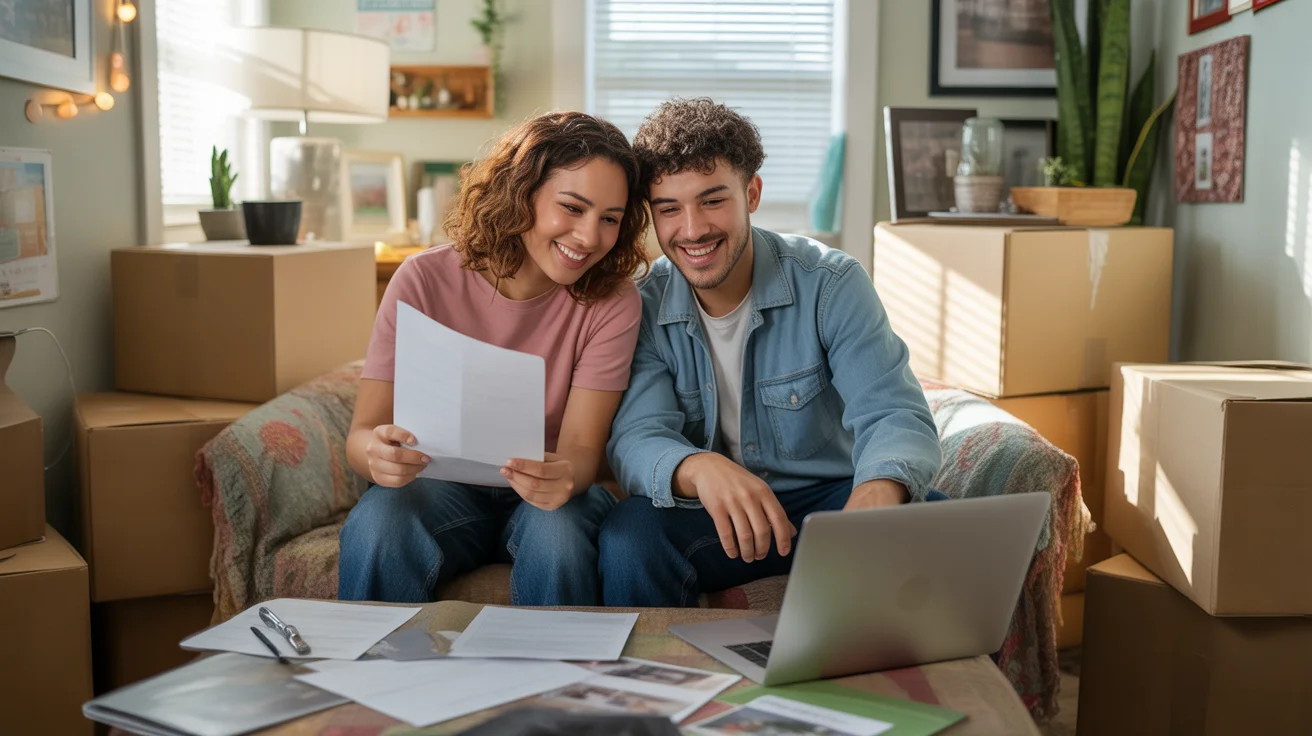 Young couple reviewing apartment listings and paperwork while sitting together on couch in their new Paradise NV home