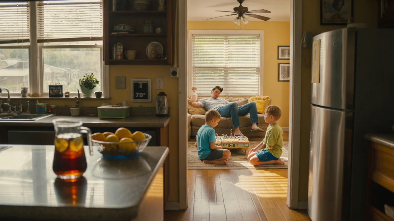 A father naps on the couch while his kids play a board game on a hot summer day in their Bolingbrook home.