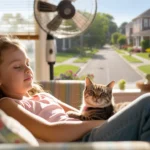 Young girl napping on couch with cat under ceiling fan in sunlit living room
