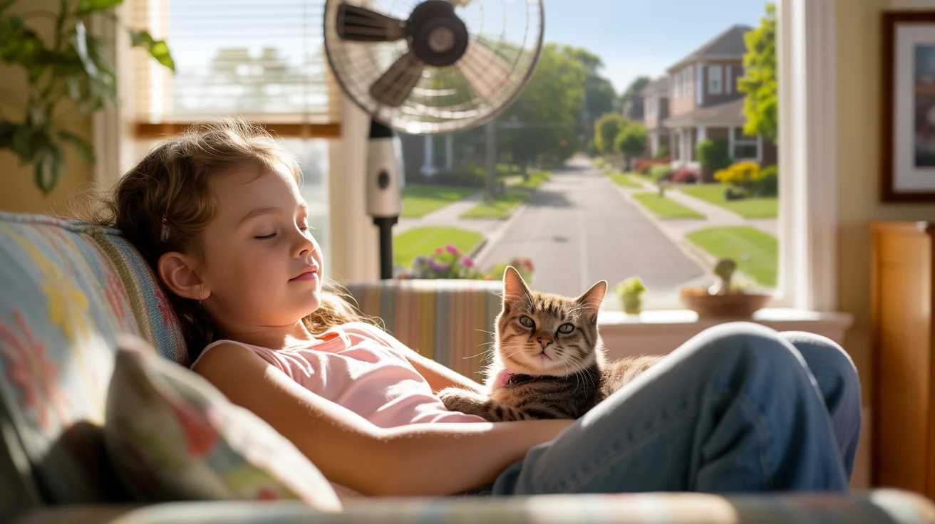 Young girl napping on couch with cat under ceiling fan in sunlit living room