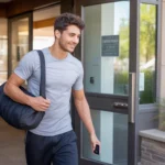 Young man carrying gym bag enters modern apartment building in Broomfield, Colorado