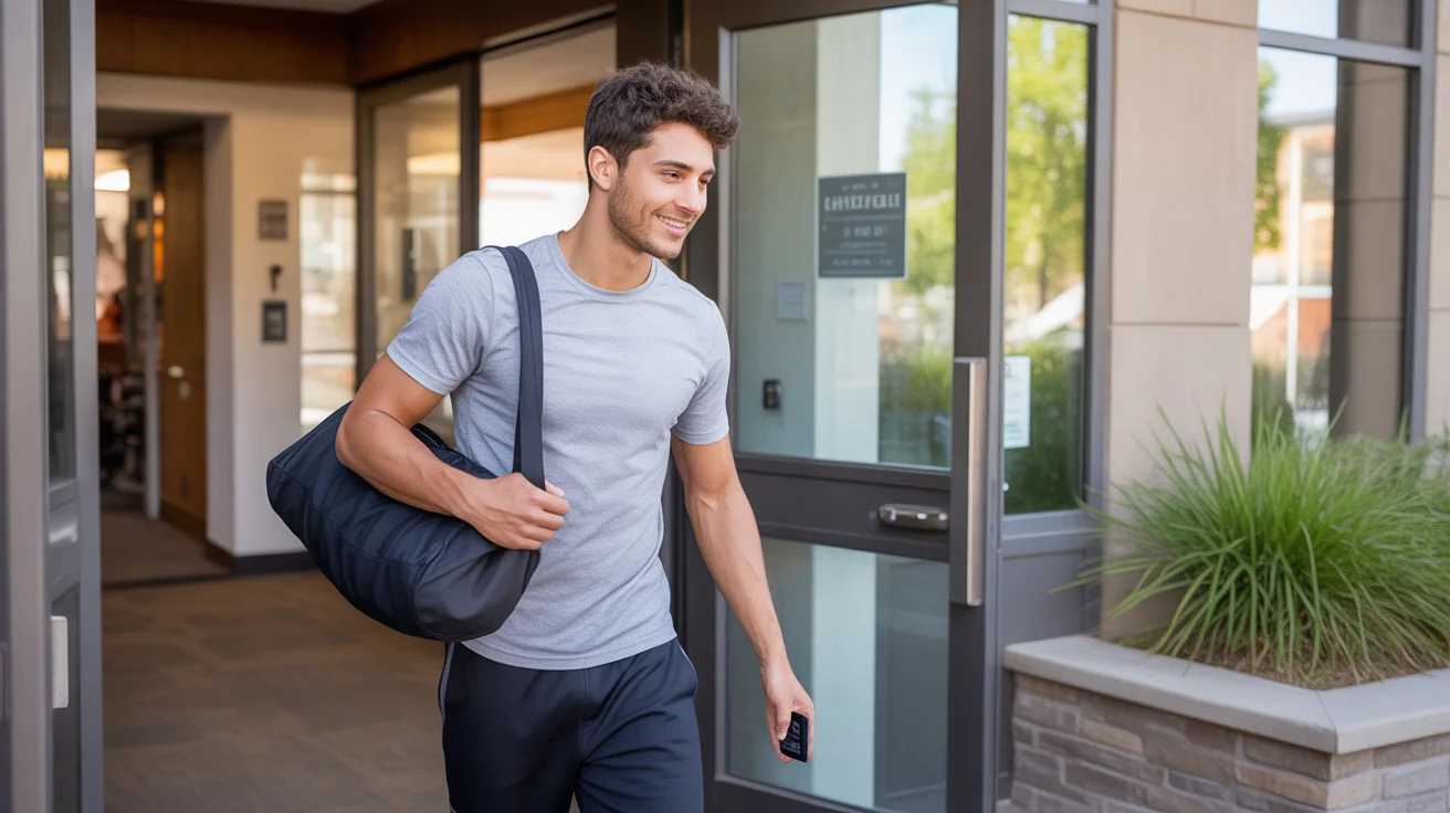 Young man carrying gym bag enters modern apartment building in Broomfield, Colorado