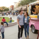 A couple decides what to order at a food truck in Sugar Land Town Square on a lively evening.