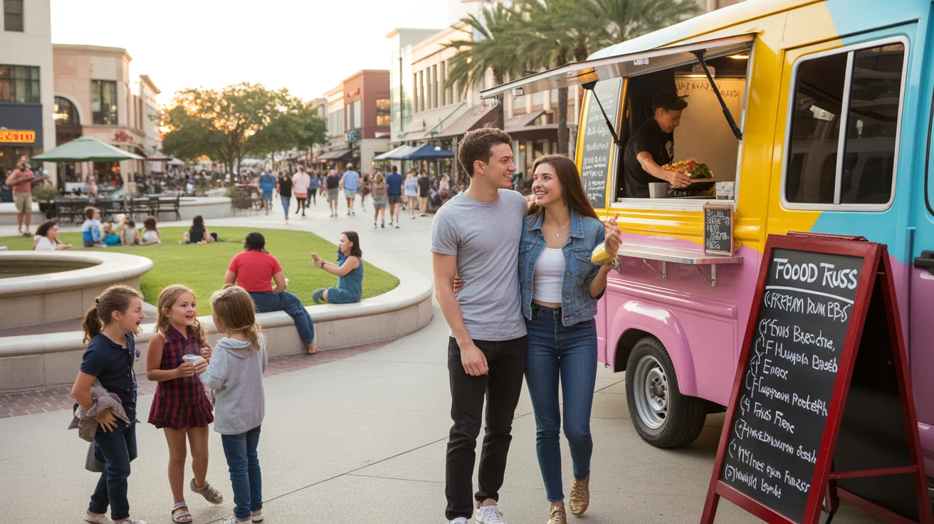 A couple decides what to order at a food truck in Sugar Land Town Square on a lively evening.
