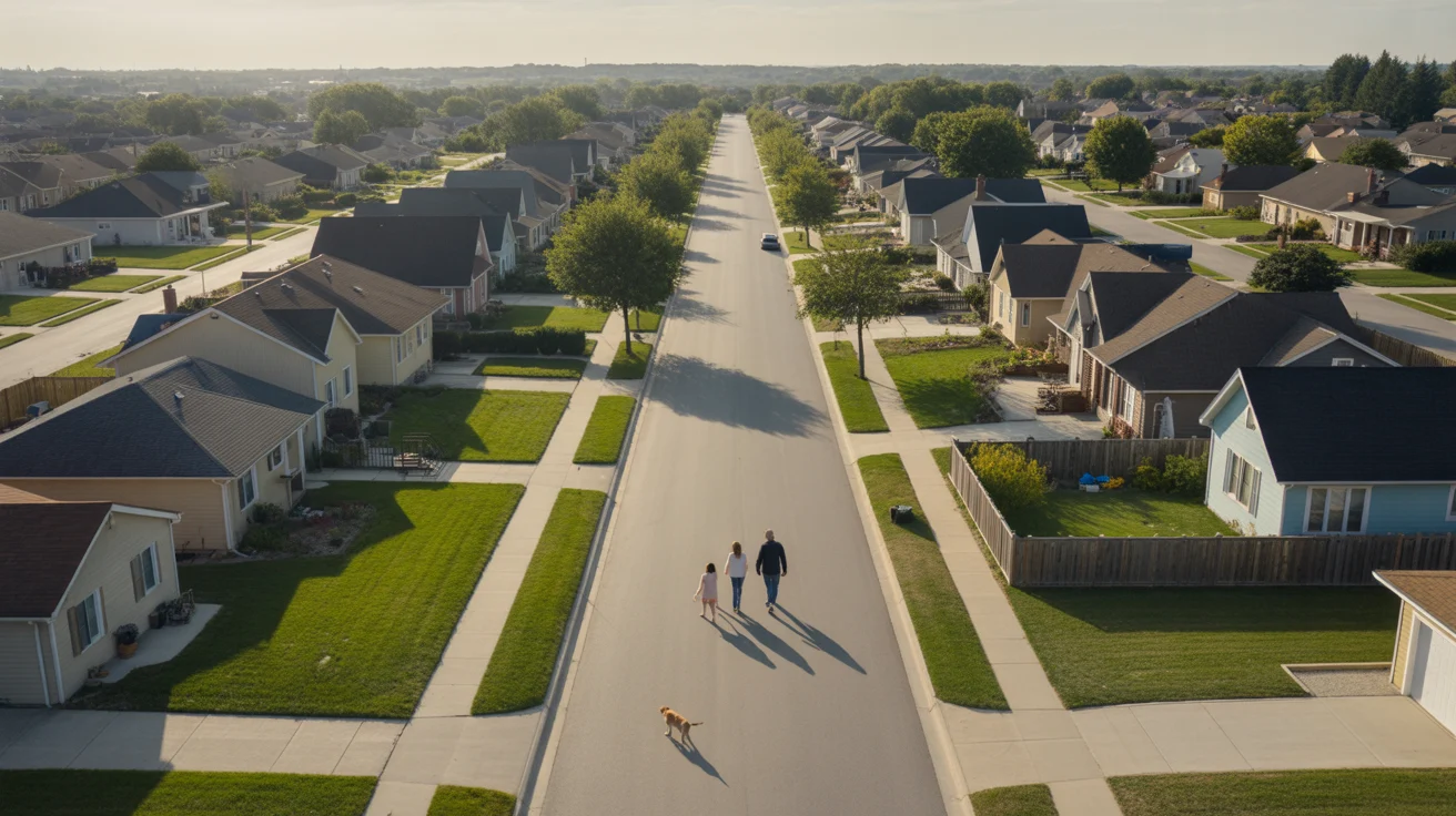 Aerial view of a family walking their dog in a quiet Joliet suburb